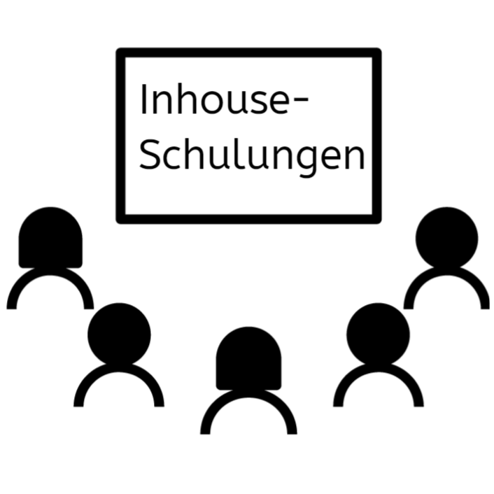 Eine einfache Illustration von fünf Personen, die vor einem Bildschirm oder einer Tafel mit der Aufschrift Inhouse-Schulungen stehen, was auf eine innerbetriebliche Schulung oder einen Workshop hindeutet.