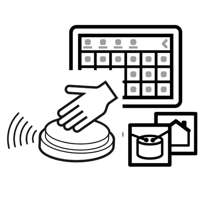 Eine Hand drückt eine große Taste, im Hintergrund werden ein digitaler Kalender und zwei Symbole - eines von einem Haus und eines von einem Topf - angezeigt, die auf die Planung oder Automatisierung von Haushaltsaktivitäten hinweisen.